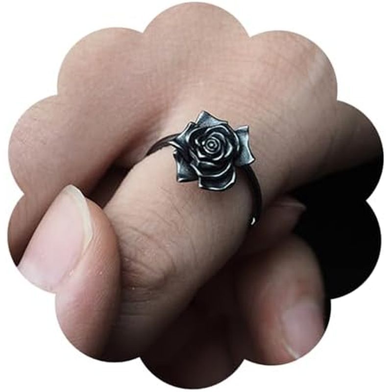 Black Tiny Rose Flower Silver Ring Women Adjustable Stacking Vintage Rings Personalized Fashion Jewe