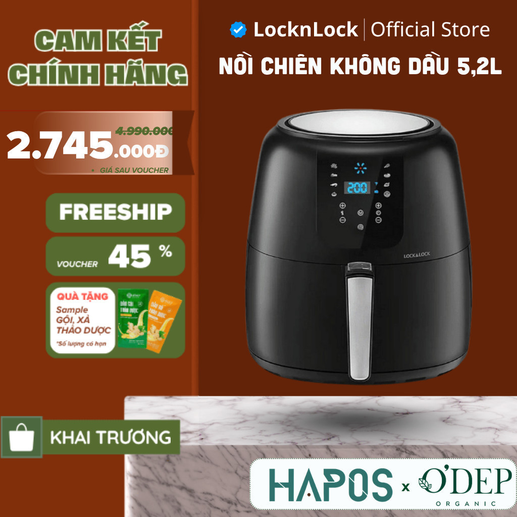 Nồi chiên không dầu 5,2L LocknLock Chính hãng 1800W EJF357BLK - HAPOS LOF