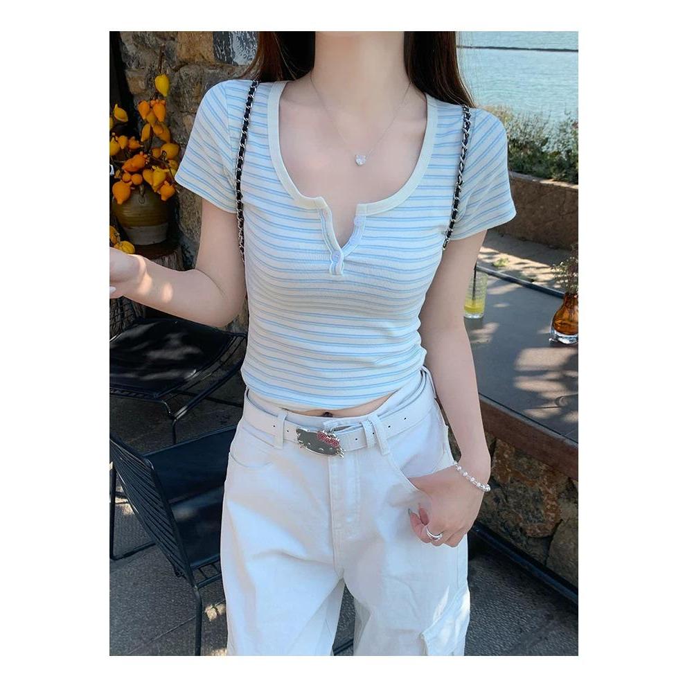 [BiGirls] Áo Thun Nữ Ngắn Tay, Cổ Trụ Tròn, Sọc kẻ ngang phối màu xanh dương, chất 92% cotton +8% Spandex  B013 | BigBuy360 - bigbuy360.vn