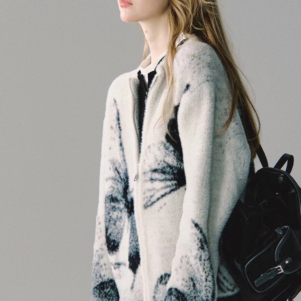 OAKMO / "Bướm Yên Tĩnh Dừng" Bướm Cao Cấp Jacquard Nữ Dây Kéo Hai Mở Áo Khoác Cardigan Dệt Kim