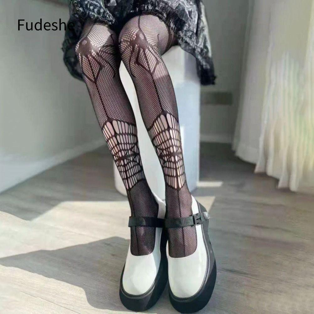 FUDESHE Fishnet Stocking, Bat Skull Lưới Legging, Dark Gothic Polyester Cotton Quần Mỏng Gothic Goth