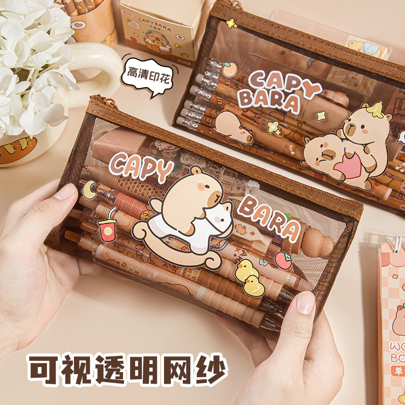Hộp đựng bút chì lưới trong suốt Kapibara dễ thương Văn phòng phẩm sinh viên Túi văn phòng phẩm dung