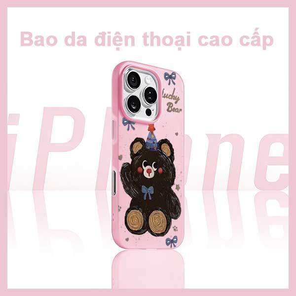 Ốp Lưng iPhone Gấu Đen Lucky Bear Nơ Xanh Party  iP 11/12/13/14/15/16/17/Plus/Pro/Max