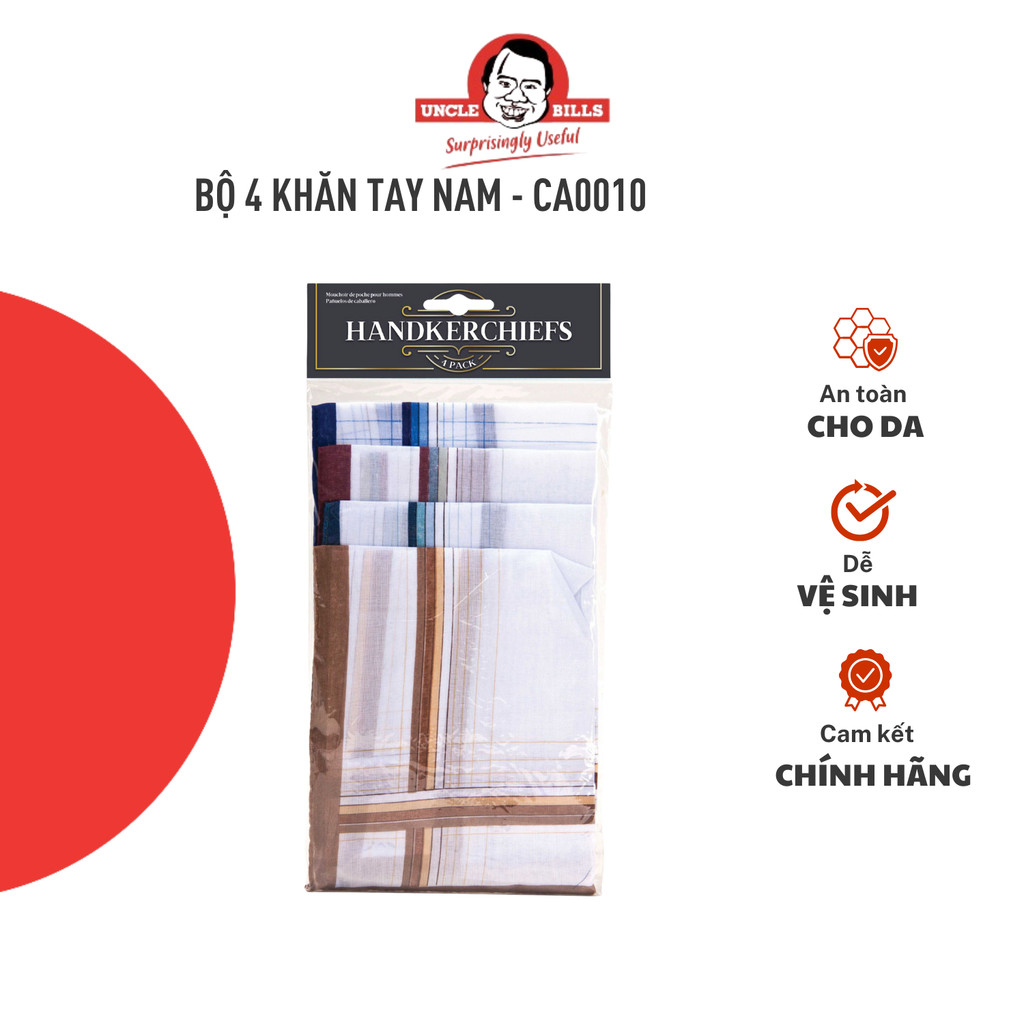 Bộ 4 Khăn Tay Nam UNCLE BILLS Khăn Mùi So Gấp Bỏ Túi 38.2 x 38.2cm Nhiều Màu - CA0010