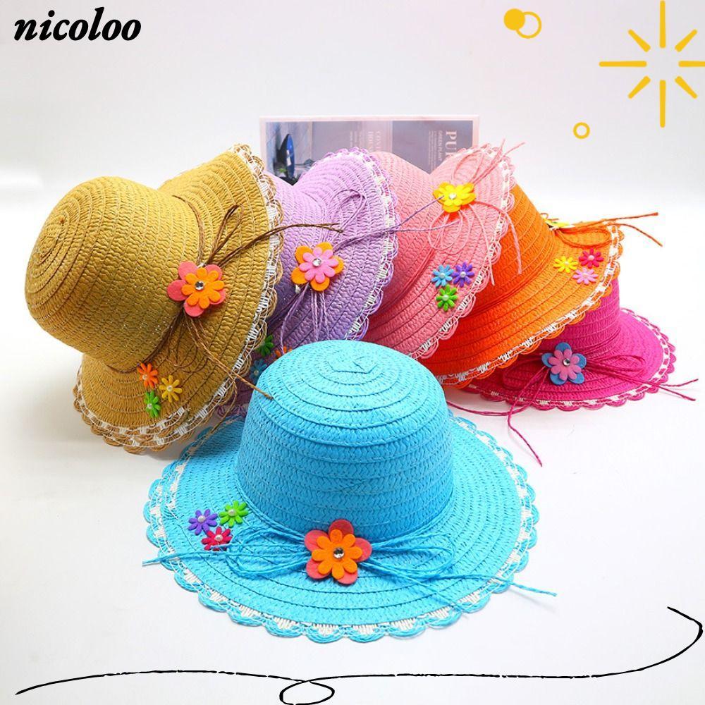 Mũ Rơm NICOROO, Mũ Chống Nắng Vành Rộng Handmade, Trang Trí Hoa Ngọt Ngào Mũ Đi Biển 3-7Year