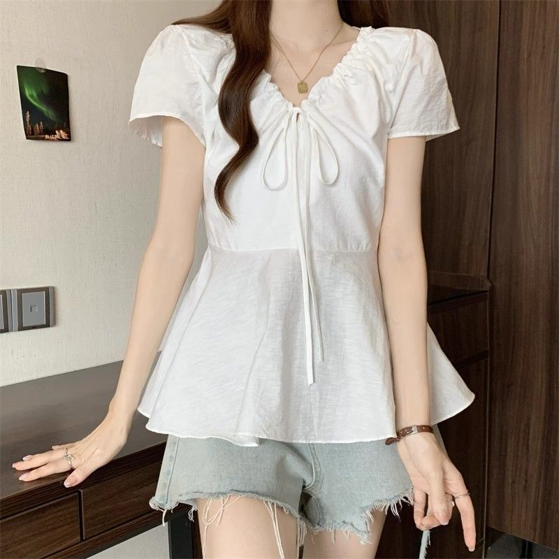 Ds0430Fat mm trên 200 pound Cổ chữ V vai phải ngắn Béo mm Siêu 100kg Cổ chữ V Vai trước Áo sơ mi ngắ