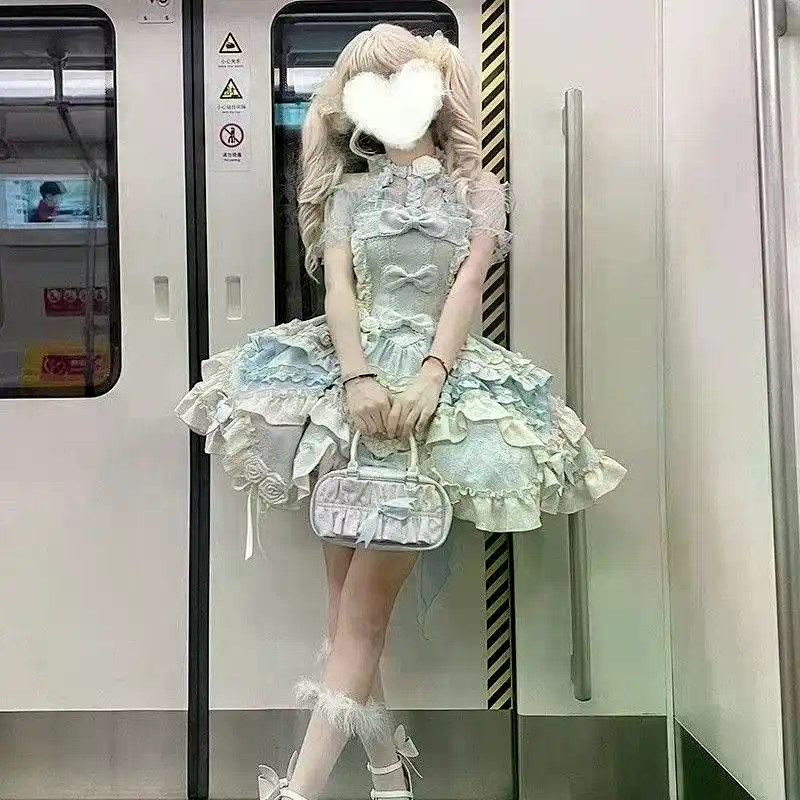 Fudie Heart Gothic Dress jsk Daily Dress Bowknot Princess lolita Full Set