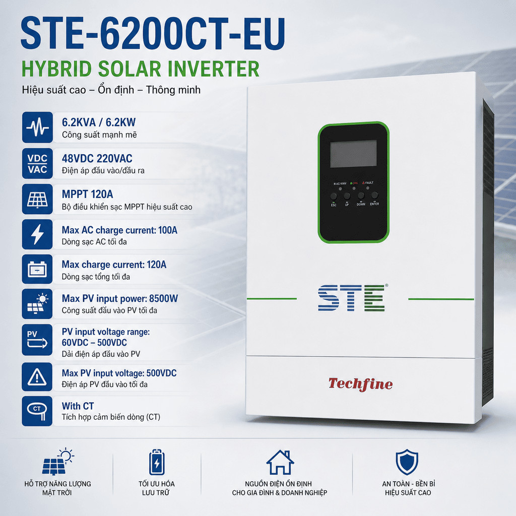 INVERTER SOLAR STE TECHFINE 6KW - 48V | HÒA LƯỚI - BÁM TẢI - CÓ LƯU TRỮ | CÓ HỖ TRỢ CT NGOÀI