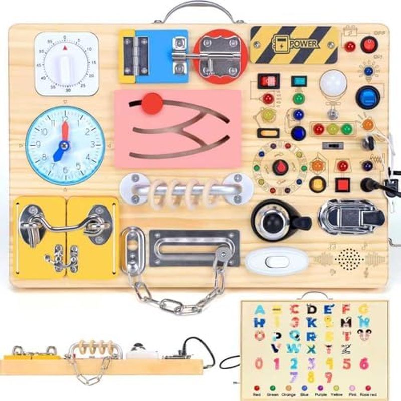 Busy Board with LED Light Switches, Montessori Toys for 1 2 3 Years Old, Toddlers Wooden Toy Sensory