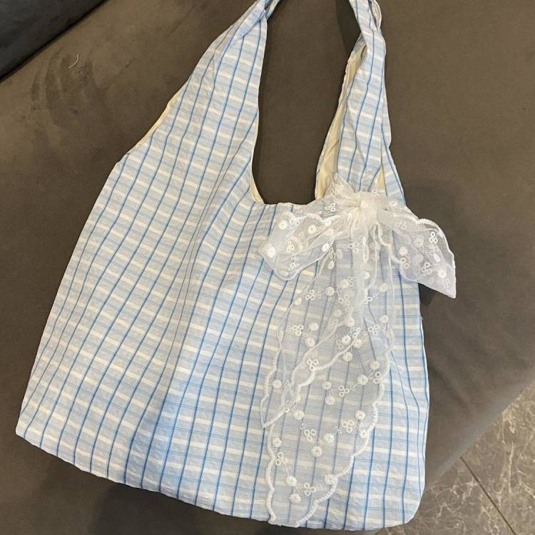 Preppy Style Bubble Checked Canvas Bag Fresh One-Shoulder Tote Bag Preppy Style Bubble Checked Canva