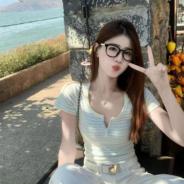 [BiGirls] Áo Thun Nữ Ngắn Tay, Cổ Trụ Tròn, Sọc kẻ ngang phối màu xanh dương, chất 92% cotton +8% Spandex  B013 | BigBuy360 - bigbuy360.vn