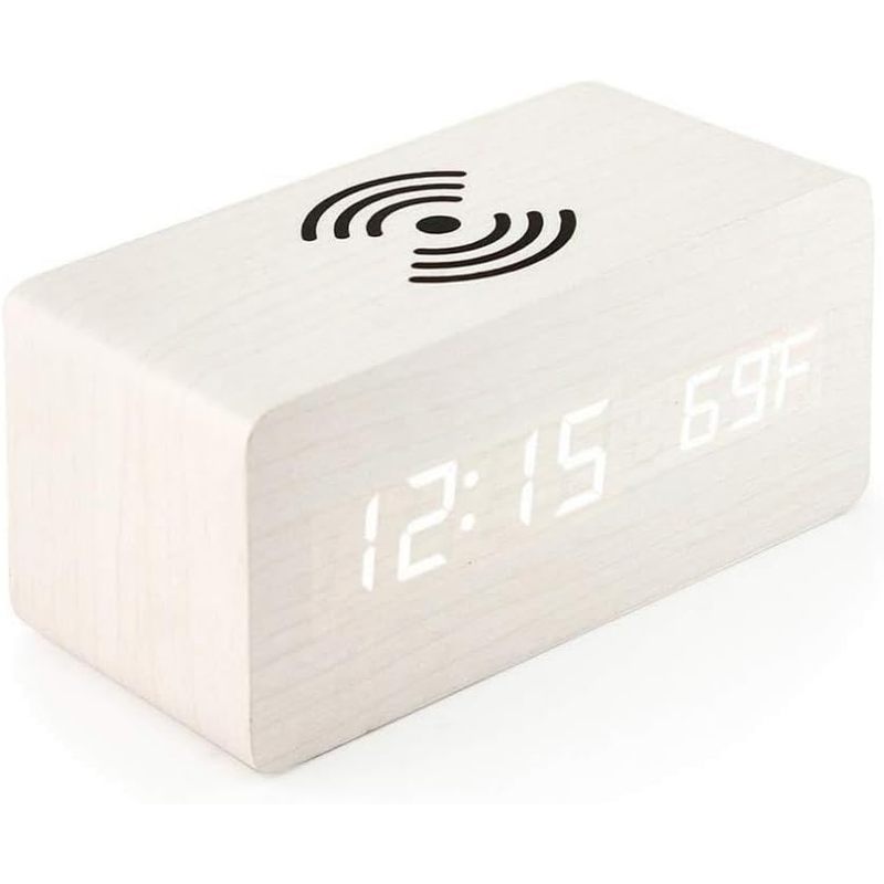 D,Wooden Digital Alarm Clock with Wireless Charging, LED Digital Clock with Temperature and Date Dis