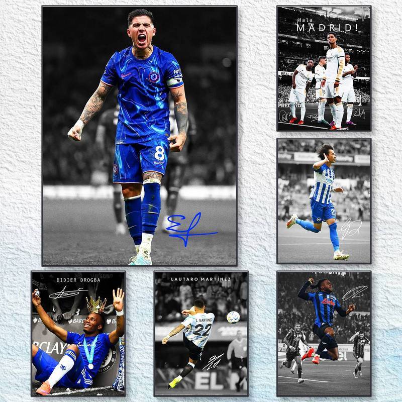 Nghệ thuật vải bóng đá Chelsea & Real Madrid, có chữ ký của cầu thủ bóng đá trang trí tường cho ngườ