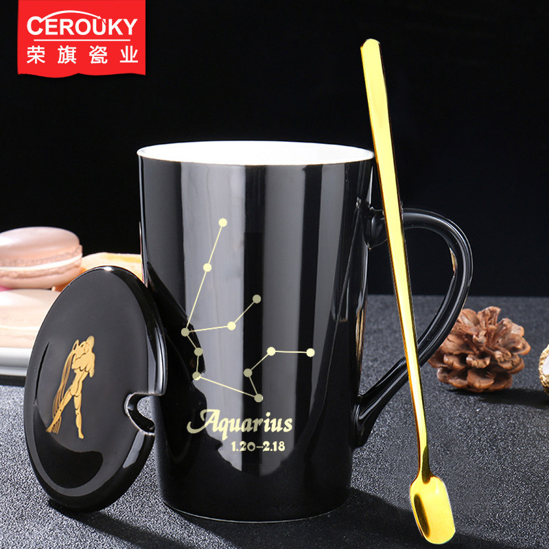 Ly cốc sứ 12 cung hoàng đạo mạ vàng sáng tạo Ly cốc sứ 12 cung hoàng đạo có nắp thìa cà phê cá tính 