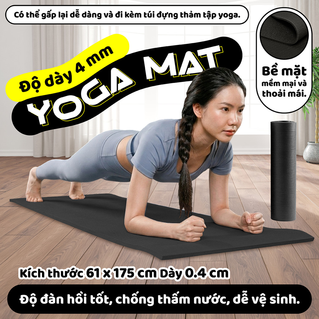 [MALL] - (4mm)Thảm tập Yoga cao cấp Thái Lan loại TPE,kích thước: 173cmx61cm, dày 4mm, màu ĐEN