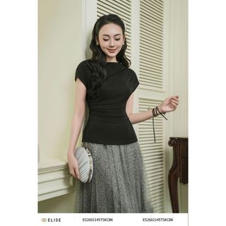 Áo thun đen nhún vai eo thiết kế Elise mã ES2602145TSKCBK