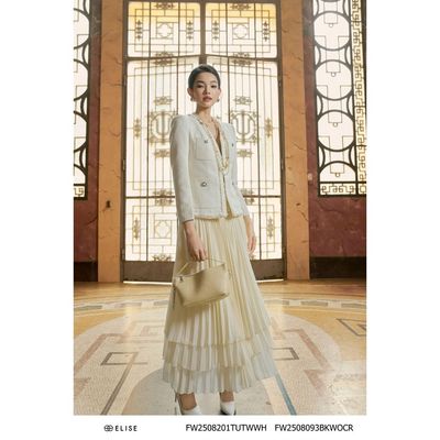 Chân váy chiffon kem dập ly phối cạp tweed thiết kế Elise mã FW2508093BKWOCR