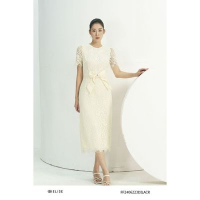 Đầm ren hoa kem tỉa chân đính nơ eo thiết kế Elise FF2406223DILACR
