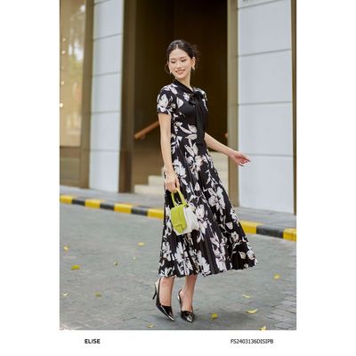 Đầm lụa đen hoa trắng chân dập ly thiết kế Elise FS2403136DISIPB