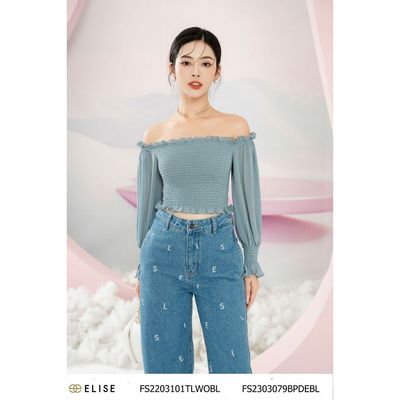 Áo sơ mi chiffon xanh trễ vai thiết kế Elise FS2203101TLWOBL