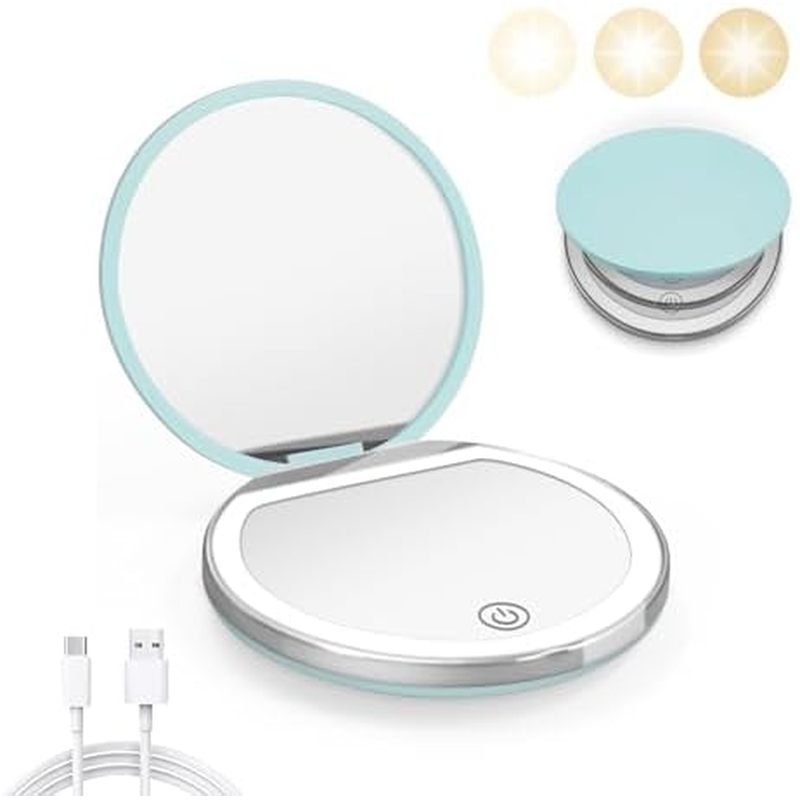 Compact Mirror with Light, 1X/3X Magnification LED Pocket Mirror with USB Data Cable,Mini Mirror for