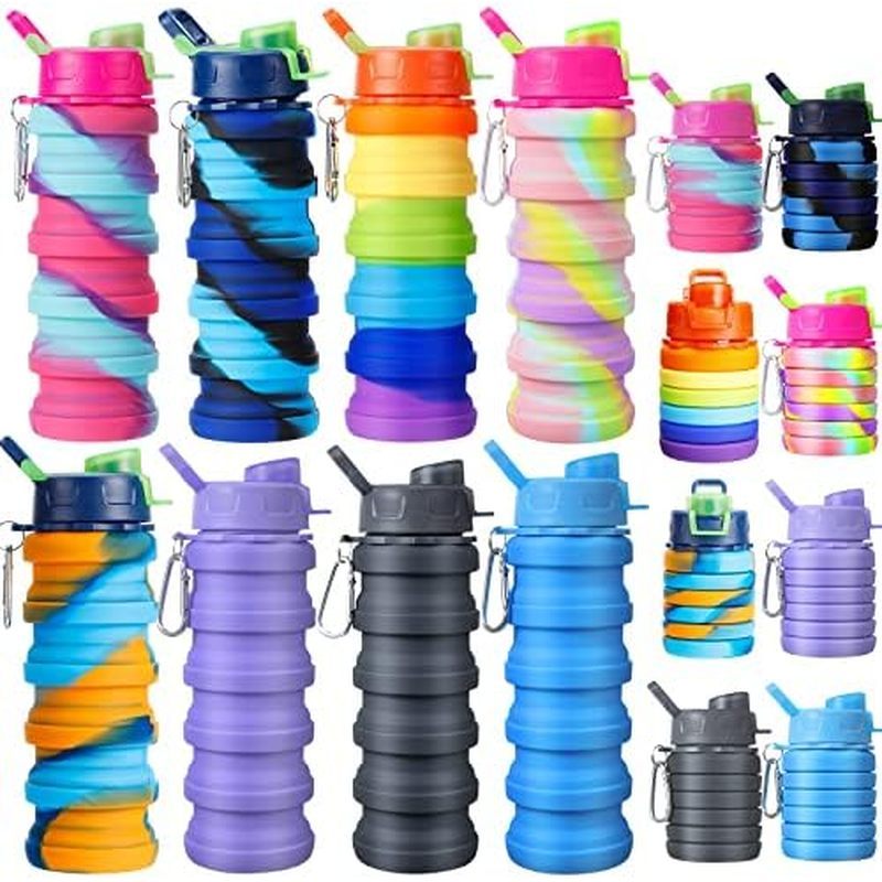 8 Pcs Collapsible Water Bottles Silicone Travel 16 oz Reusable Leakproof Foldable Water Bottles with