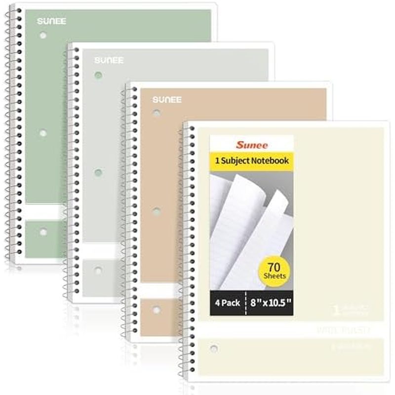 al Notebooks College Ruled, 1-Subject, 4 Pack, 8 x 10-1/2 in, 70 Sheets, 3-Hole Punched 70gsm Paper,