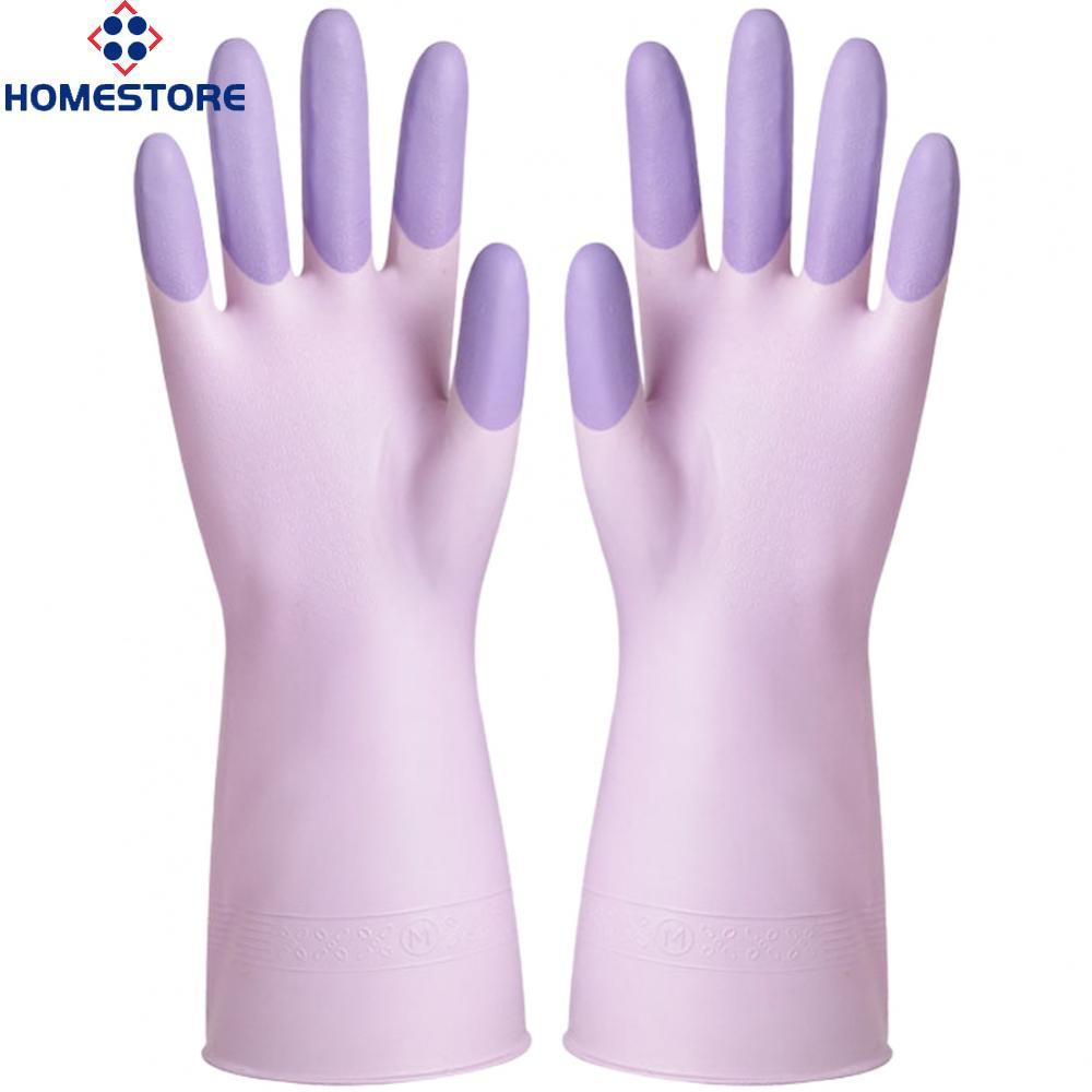 [Homestore]Latex Rubber Gloves 31cm Long Dishwashing Waterproof Oil Resistant Textured Palm