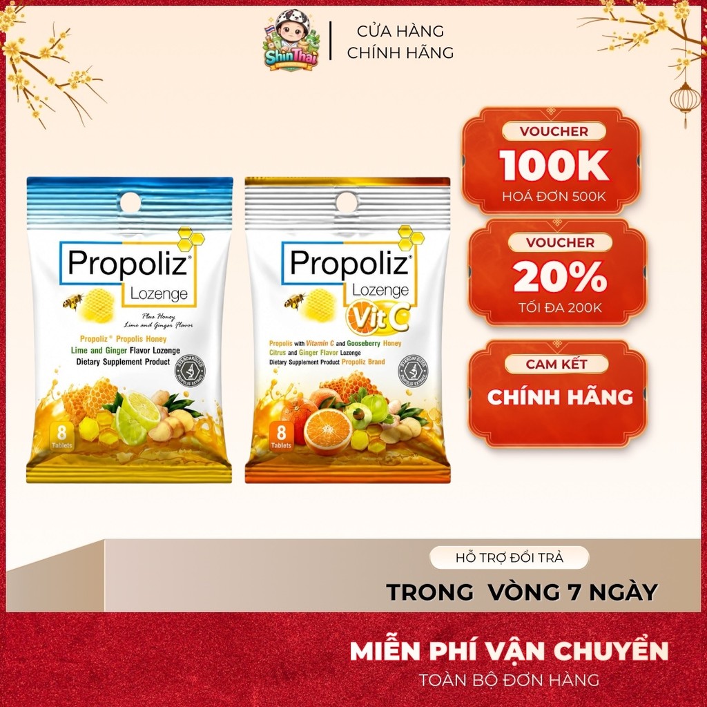 Kẹo Ngậm Propoliz Lozenge Thái Lan Gói 8 Viên Lime & Ginger / Citrus + Vitamin C