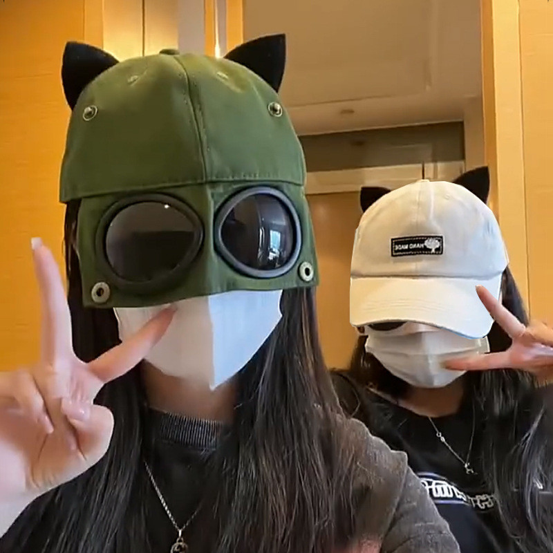 Popular~Cute cat-ear aviator glasses baseball cap for women, spring/summer sunglasses, duckbill cap,