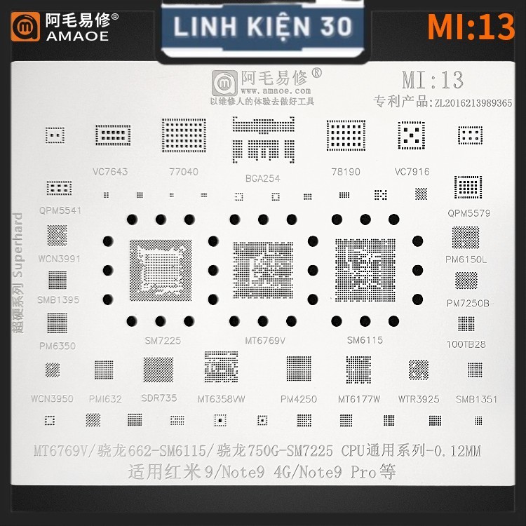 Vỉ làm chân MI13 cho Redmi 9/ Note 9 4G/ Note 9 Pro SM7225, MT6769V, SM6115, MT6177W, MT6358VW, PM61