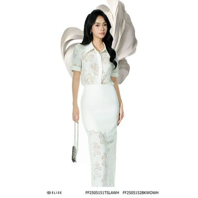 Jupe trắng phối ren hoa trắng xẻ sau thiết kế Elise FF2505152BKWOWH