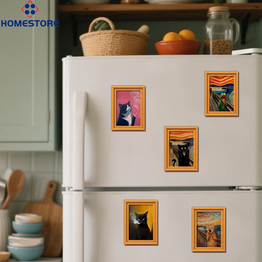 [Homestore]Cat Magnet Retro Cat Art Oil Painting Design Natural Wood Frame Smooth Finish