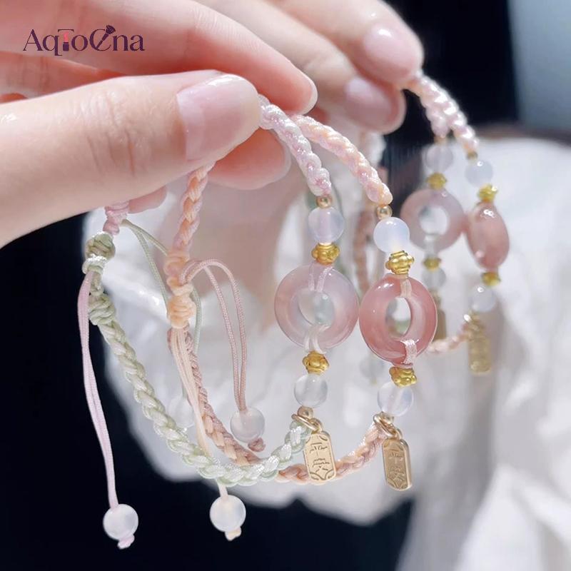 AqToCna Phong Cách Trung Hoa Hòa Bình Bule Bện Vòng Tay Cô Gái Trái Tim Đính Hạt Dây Đeo Tay Bestie 
