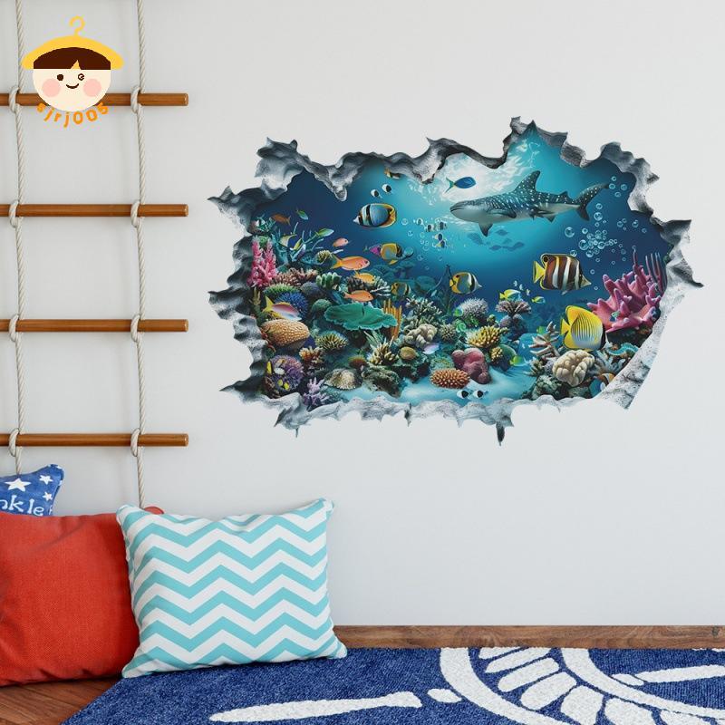 [8C05] Stiers treo tường 3D Shark Broken Wall Aquarium Ocean Wall Stiers cho phòng trẻ em Phòng tắm 