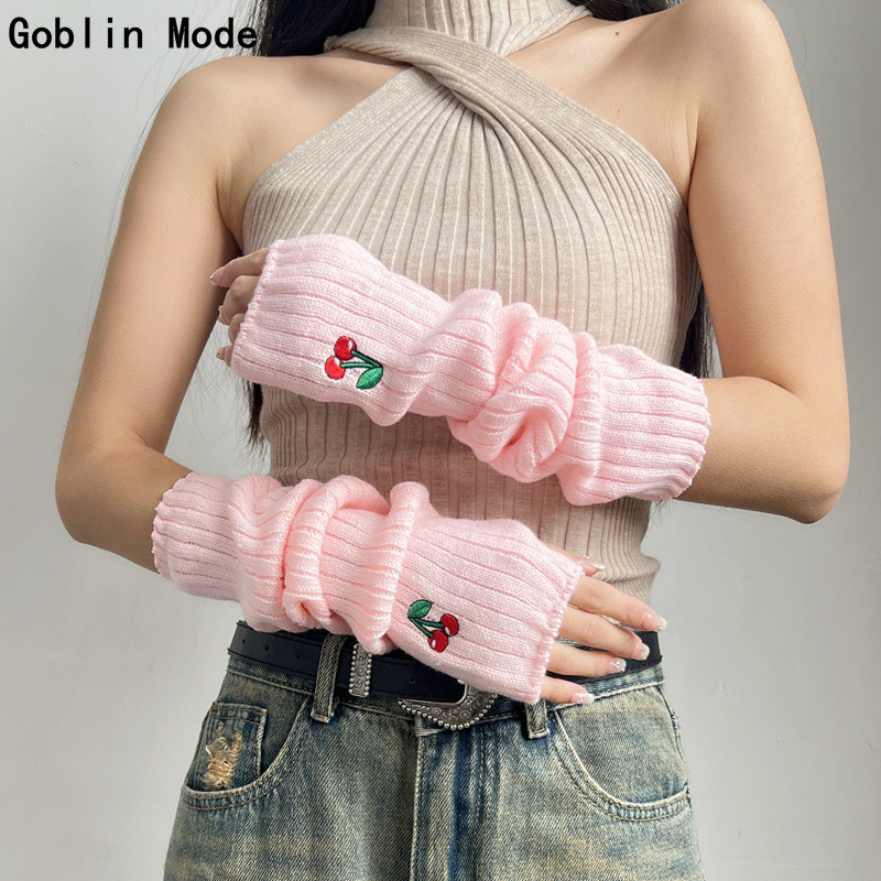 【Ready Stock】 Cherry Embroidery Girls' Arm Sleeve Autumn and Winter Wool Knitted Half Finger Gloves 
