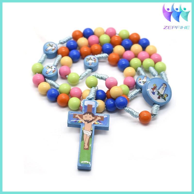 Cartoon Jesus for Cross Rosary Necklace Handmade Colorful Round Beads Pendant