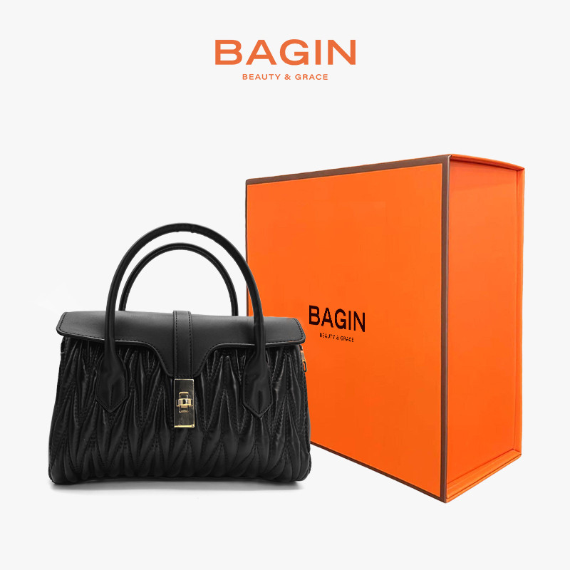 BAGIN Túi Xách Nữ Màu Xám Nhạt Vân Nhún, Túi Công Sở Quai Đôi Phong Cách Tối Giản