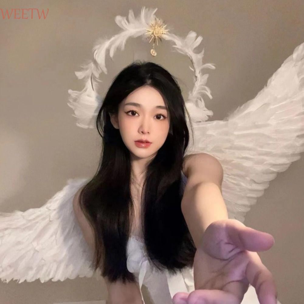 WEETW Feather Glory Crown Headband, Glory Shape Hai Lớp Virgin Mary Queen Tiara, Đạo Cụ Trang Trí Ti