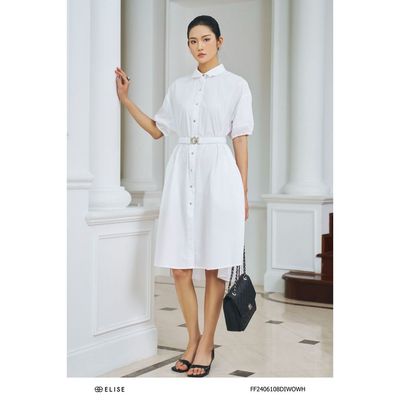 Đầm thô trắng cổ đức đai eo thiết kế Elise FF2406108DIWOWH
