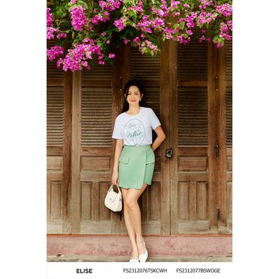 Quần sooc sợi xanh lá phủ vạt thiết kế Elise FS2312077BSWOGE