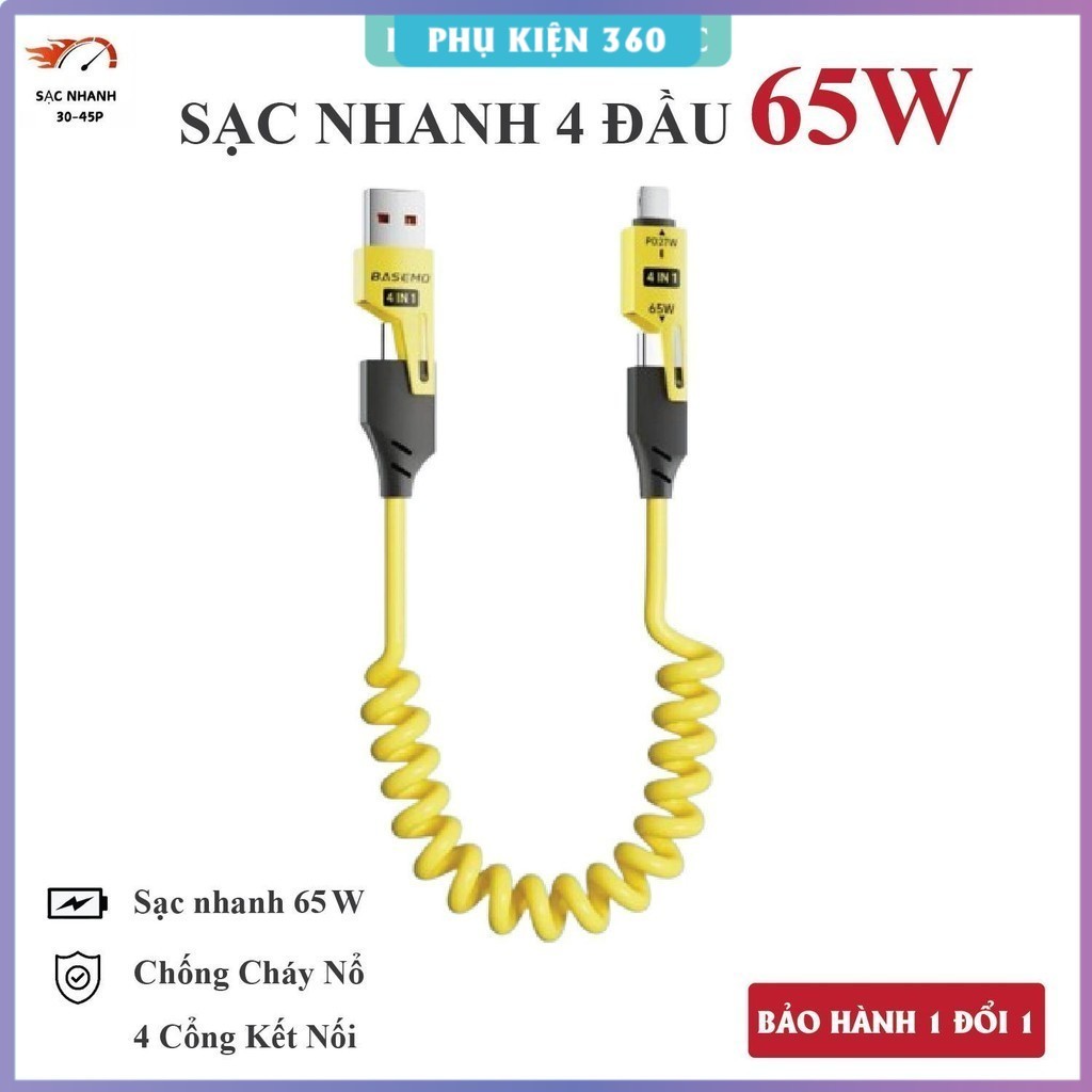 Dây sạc nhanh 4 đầu - 65W. Cáp sạc 4in1, Cáp sạc lò xo đầu cáp kim loại. Cáp sạc điện thoại, Dây sạc