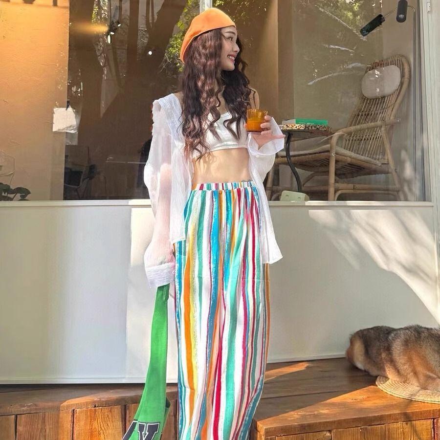 Quần ống rộng Dopamine boho sọc nhiều màu, phù hợp cho kỳ nghỉ biểnlazy sweet style