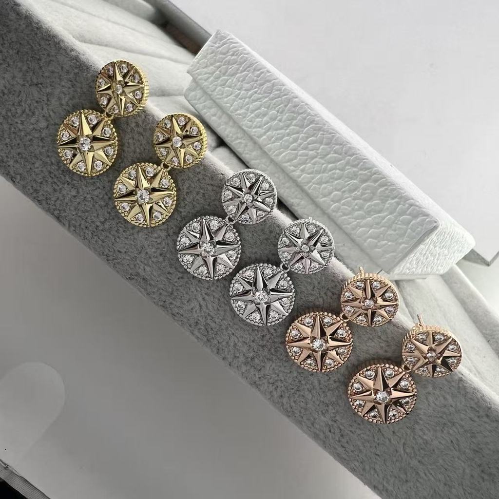 V Gold-plated diamond double compass earrings for women, unique and stylish eight-pointed star zirco