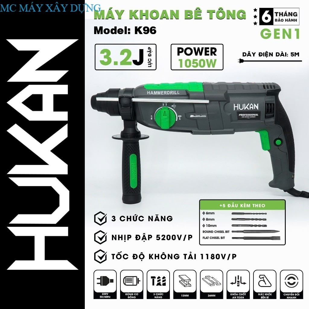 Máy khoan đục bê tông HUKAN K96, 3 Chức năng, Công suất 1050W, Tặng Bộ 5 Mũi khoan MC MÁY XÂY DỰNG