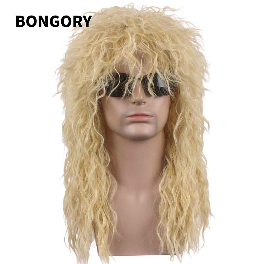 BONGORY 70s 80 Rockstar Tóc Giả, Punk Xoăn Halloween Đảng Cosplay Tóc Giả, Vintage Dài Lông Tơ Cospl