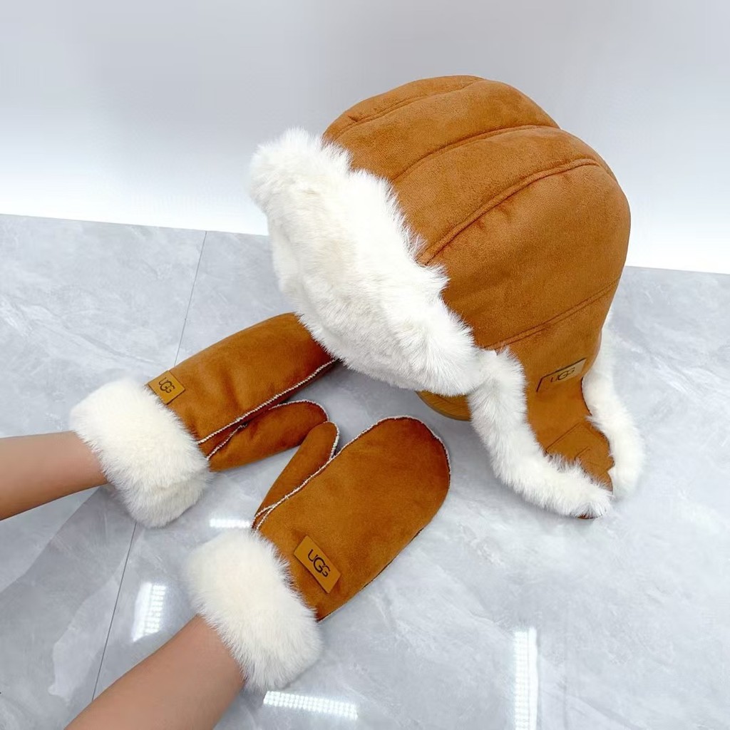 64UJ Winter warm fleece-lined aviator hat, cute retro gloves, plush set, unisex, windproof, Korean s