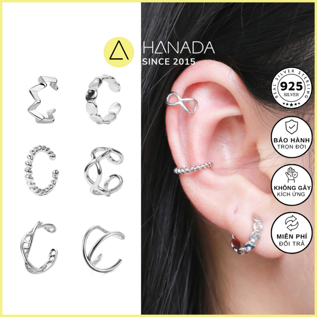 [BẢO HÀNH BẠC-LIFETIME 925] Bông tai HANADA BẠC tổng hợp 925, Kẹp tai không xỏ lỗ, Đơn giản và mịn m