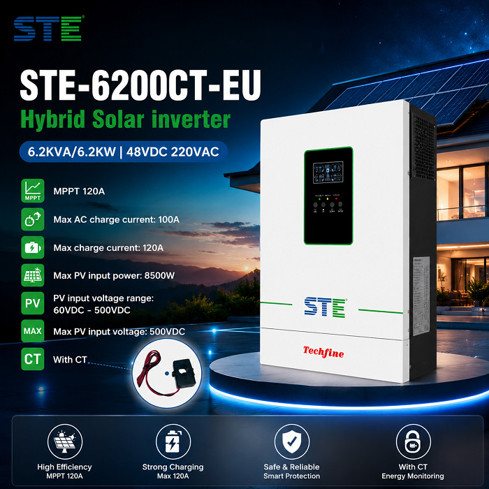BIẾN TẦN INVERTER STE TECHFINE 6.2KW - 48V | HÒA LƯỚI - BÁM TẢI-CÓ LƯU TRỮ | CÓ CT NGOÀI KÈM THEO- S