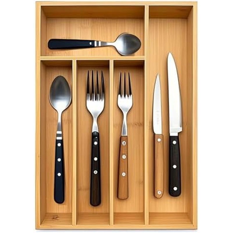 Bamboo Silverware Drawer Organizer, Kitchen Small Silverware Organizer, Utensil Tray Holder, Cutlery
